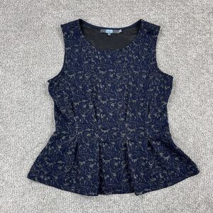 Eva Franco Top Womens Large Blue Metallic Floral Peplum Blouse Party Capsule USA